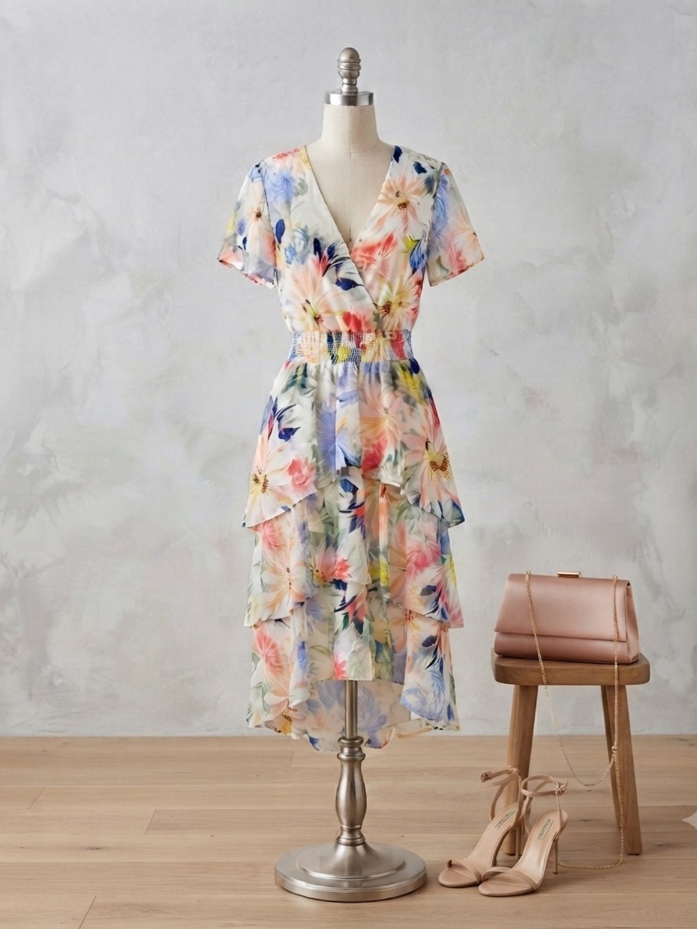 Vince Camuto Floral Tiered Asymmetric High Low Dress V Neck Faux Wrap XS